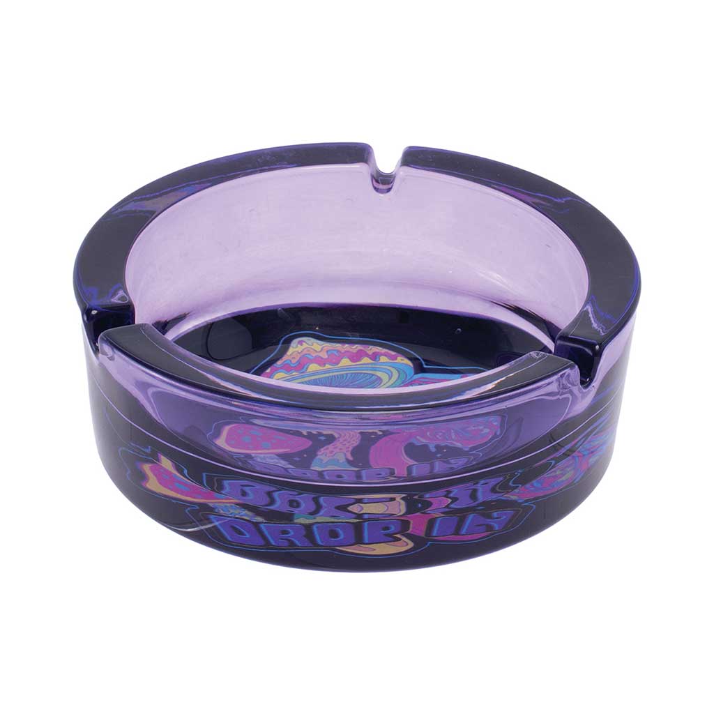 Side View Of Purple Medium Glass Ashtray With Single Notch And “Drop In” Psychedelic Mushroom Artwork