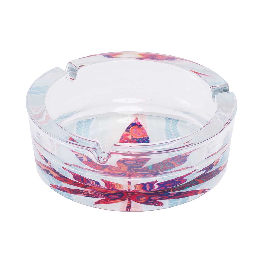 Side View Of Clear Medium Glass Ashtray With Three Notches And Paisley Cannabis-Leaf Print