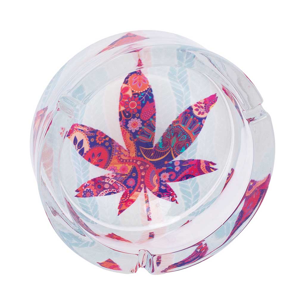 Clear Glass Ashtray, Top View, Colorful Paisley Cannabis Leaf, 5-Inch Medium Size