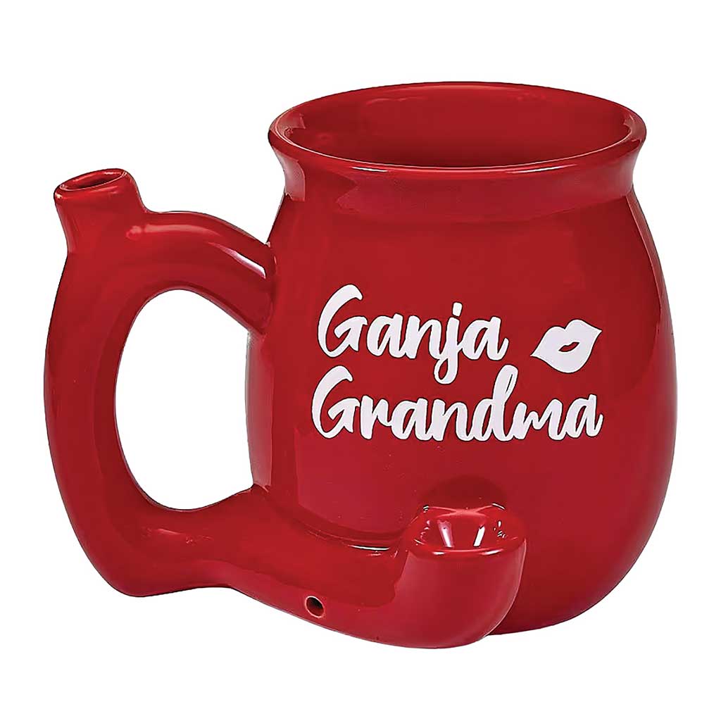 Ganja Grandma Red Chubby Roast and Toast pipe mug with red ceramic body, humorous grandma text, curved handle, and front bowl