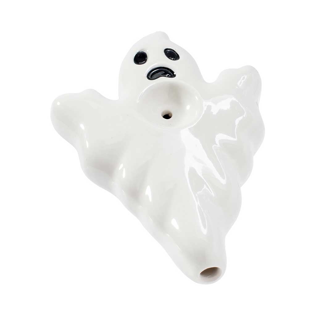 Buy ghost ceramic hand pipe, angled view showing top bowl and carb—order online at Honeybee Herb. 