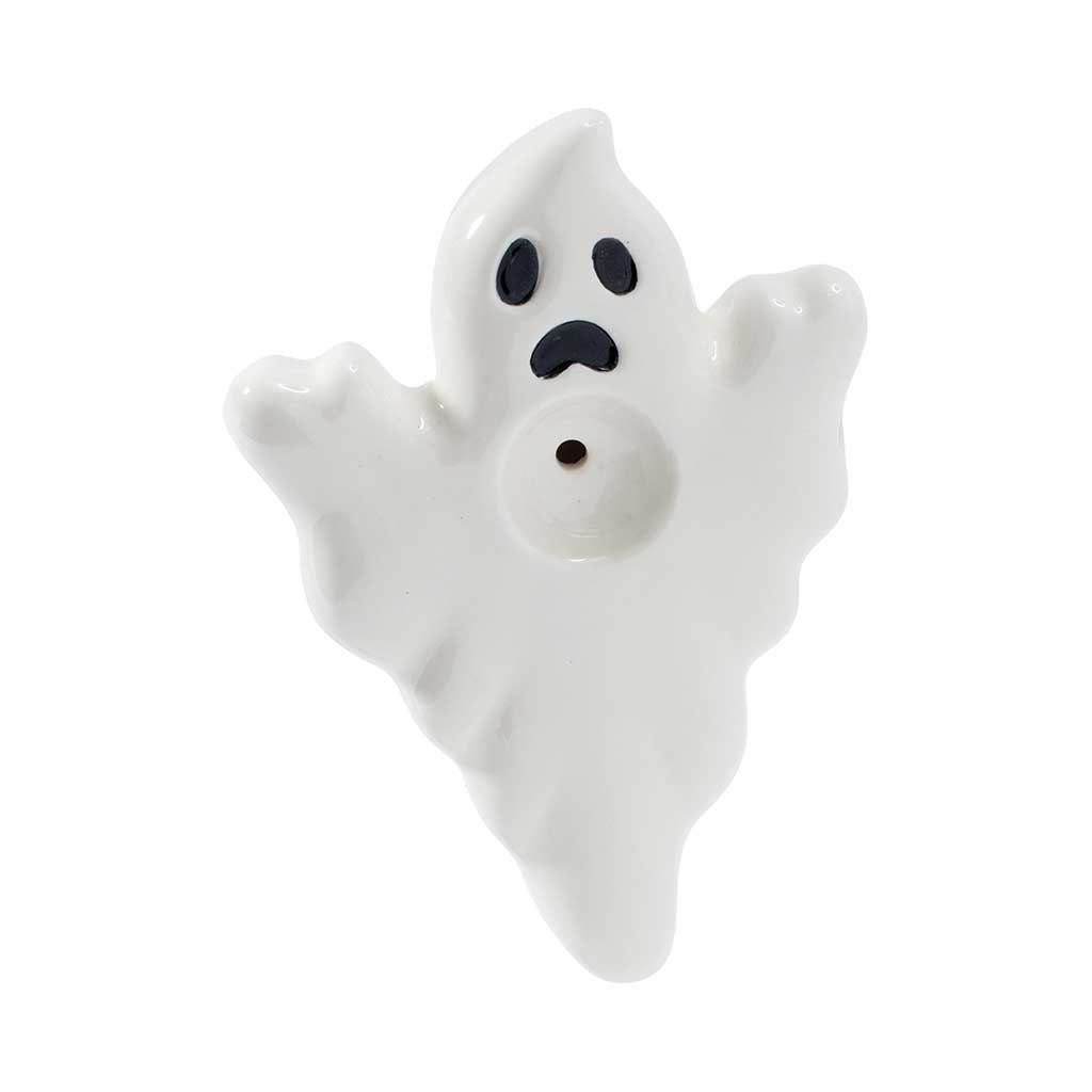 Shop ghost ceramic hand pipe, front view; compact hand pipe with carb—add to cart for fast shipping. 