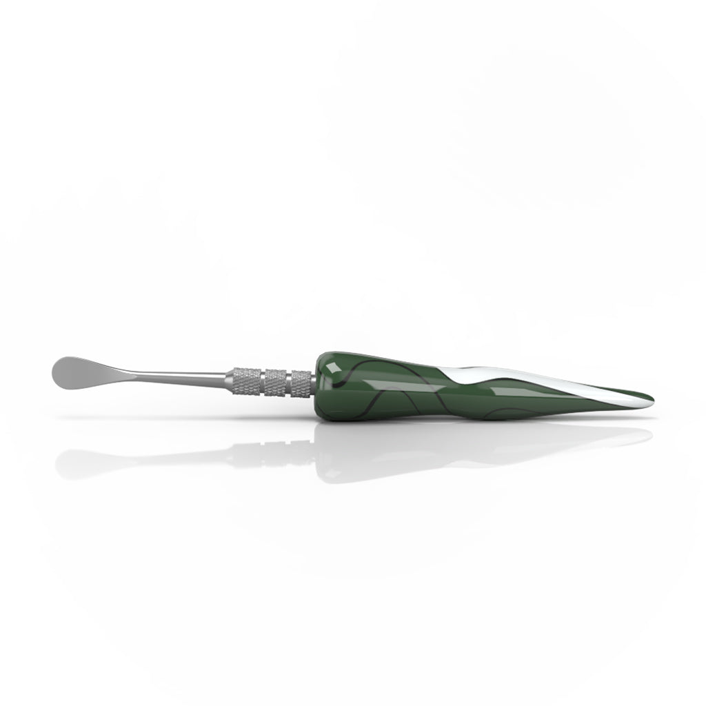 "Glass Handle Dark Green Swirl Tide Round Shape Metal Dab Tool Horizontal View "
