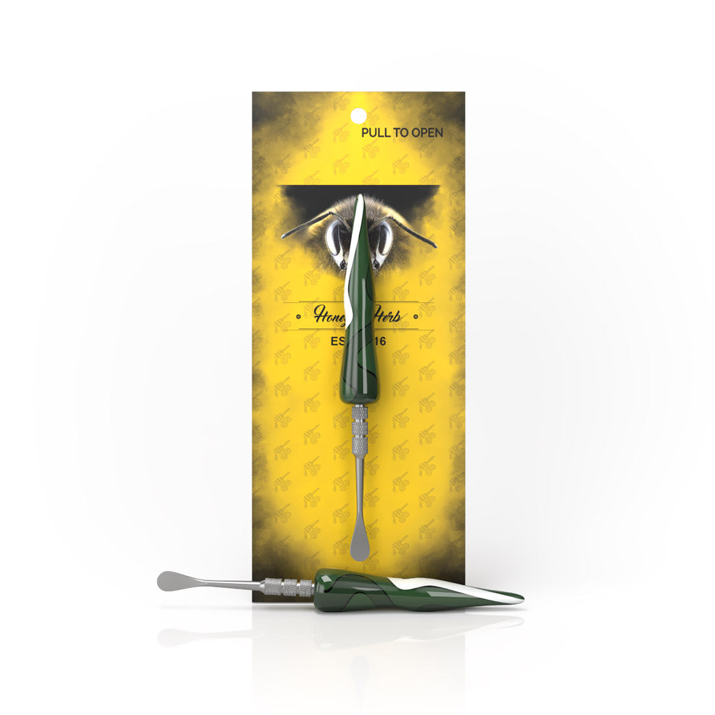 "Glass Handle Dark Green Swirl Tide Round Shape Metal Dab Tool Packaging View "