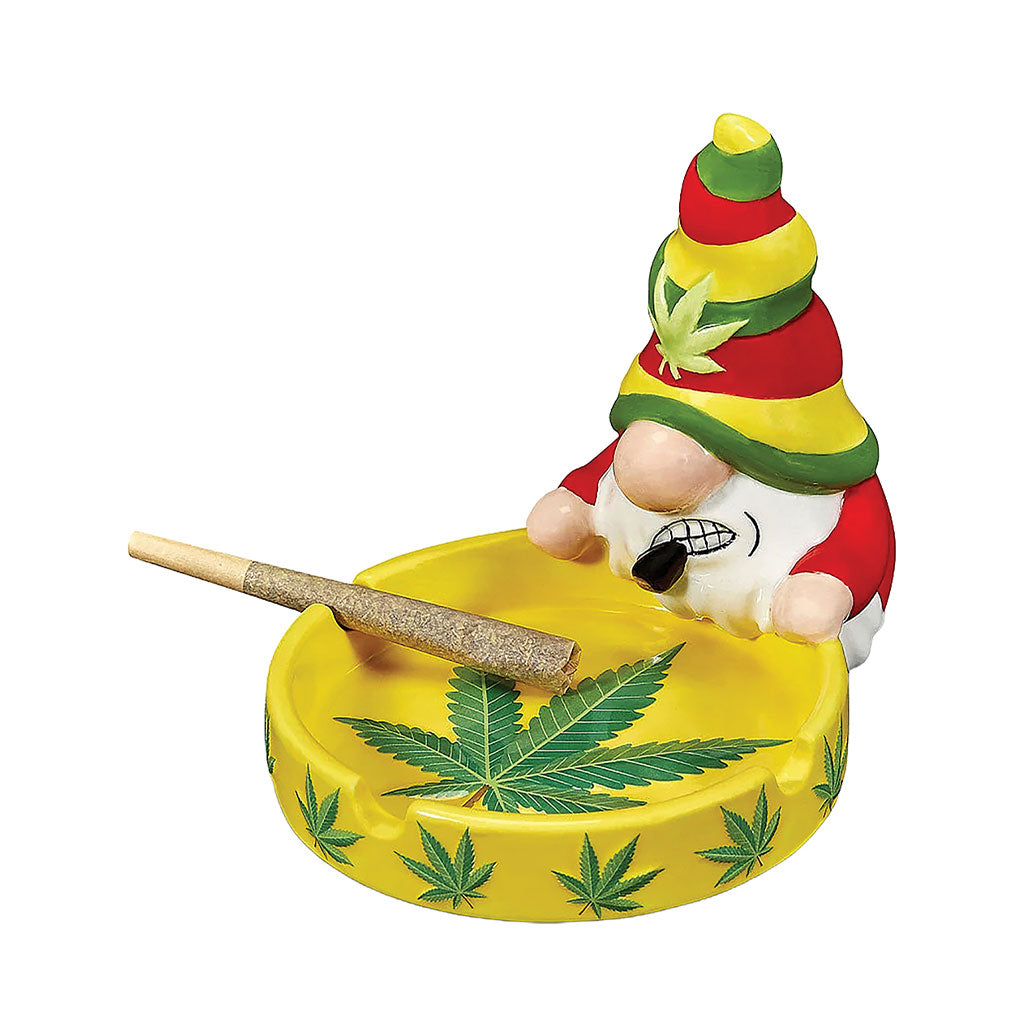 Gnome Ashtray with ceramic gnome figure, colorful painted hat, wide ashtray base, and hand-painted novelty finish