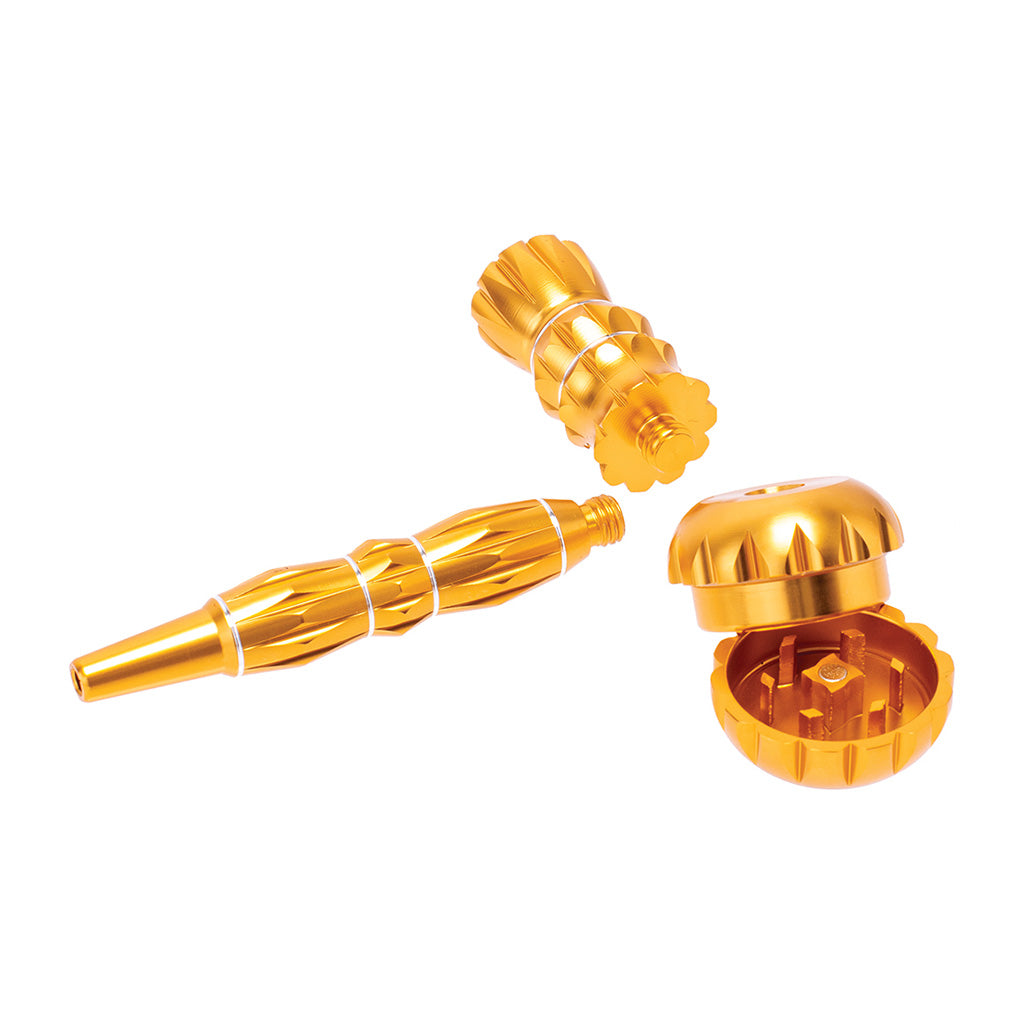 Gold aluminum ribbed smoking pipe with built-in grinder – premium design