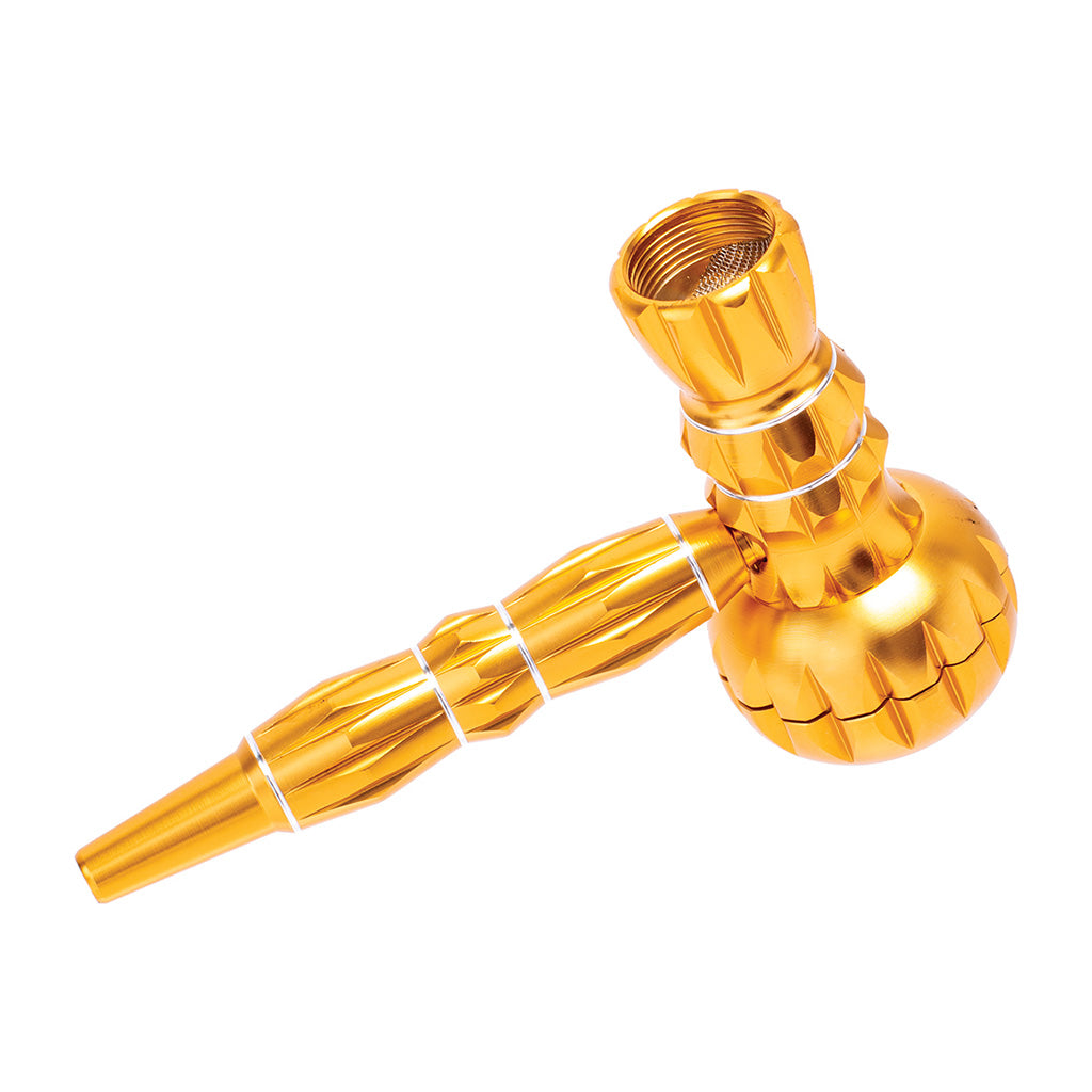 Portable gold aluminum smoking pipe with grinder – order at Honeybee Herb