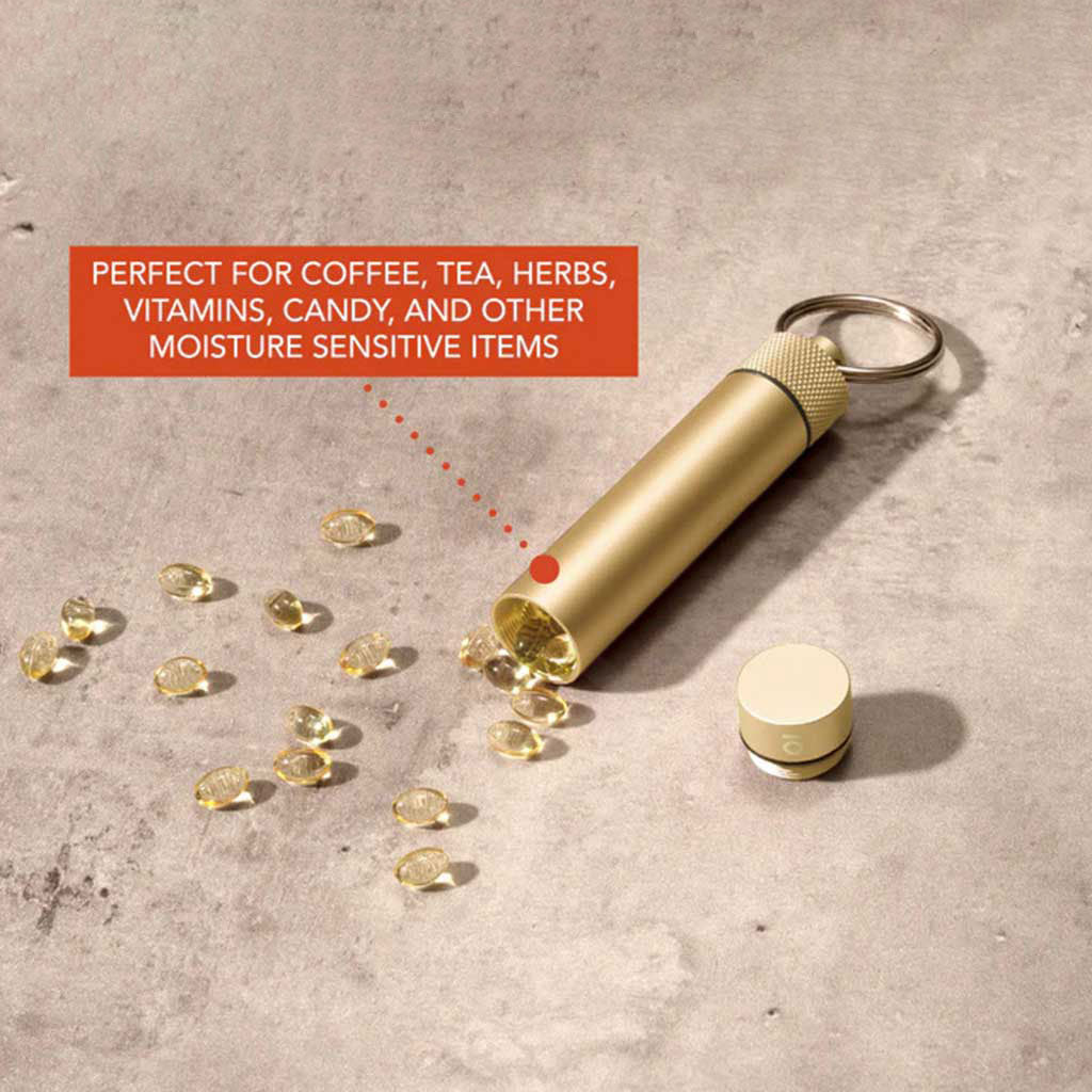 ONGROK Gold keychain container preserving freshness, aroma, and moisture-sensitive items like herbs and vitamins—order online.