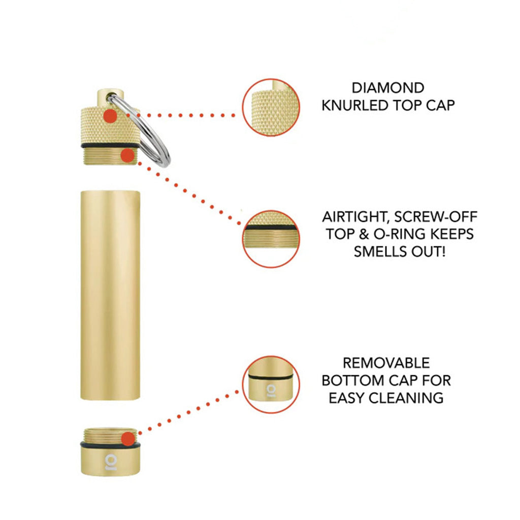 ONGROK Gold aluminum keychain storage highlighting airtight screw-off top, odor-proof O-ring, and easy cleaning—buy today.