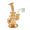Gold pearlescent mini dab rig with bent neck, wide base, and quartz banger, compact glass concentrate rig ready to buy online.