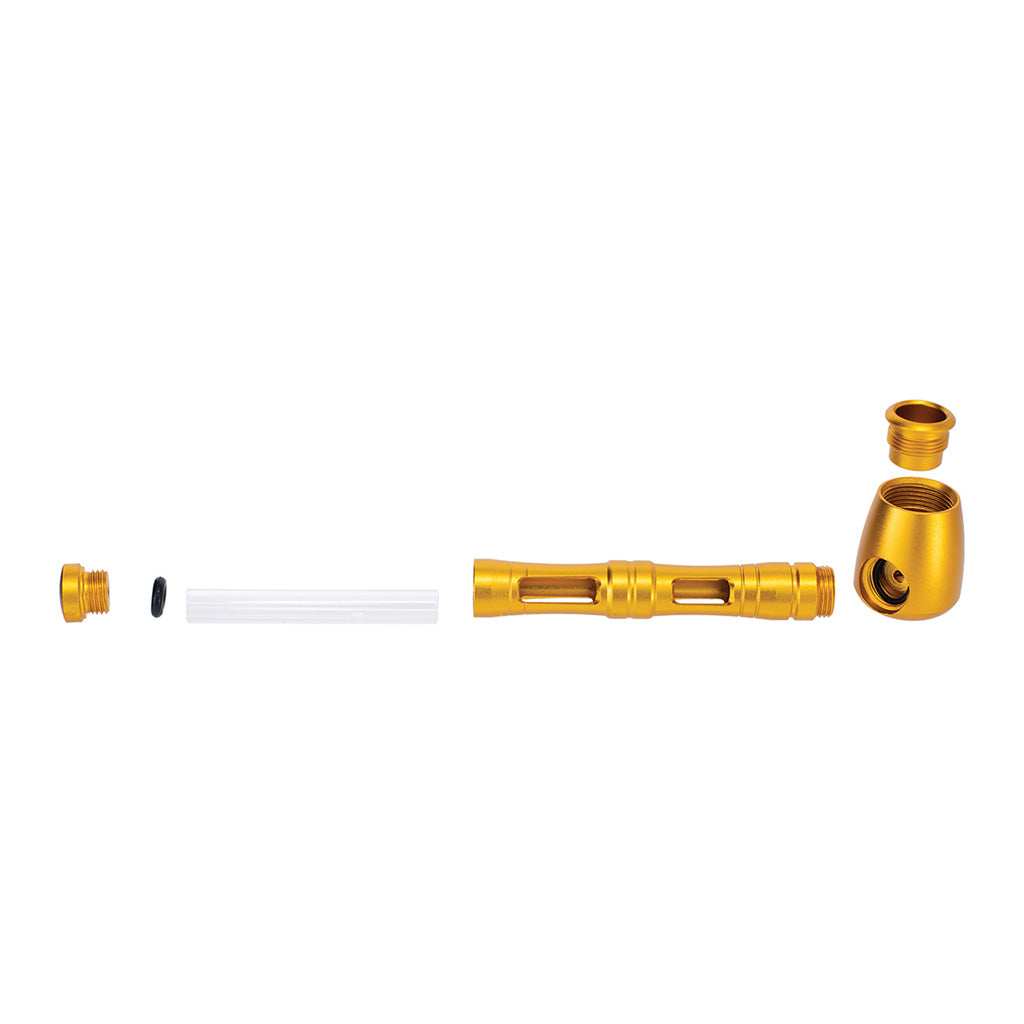 Premium Gold Window Aluminium Glass Pipe – durable, stylish, and designed for smooth smoking. Buy at Honeybee Herb. 