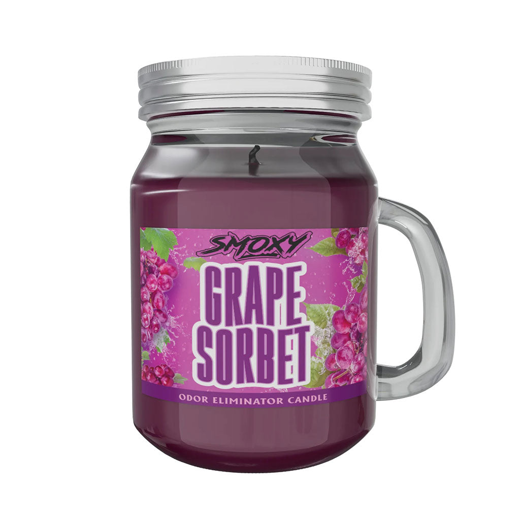 Grape Sorbet Smoke Odor Mini Candle, effective odor-eliminating scented candle for smokers, purple jar packaging.