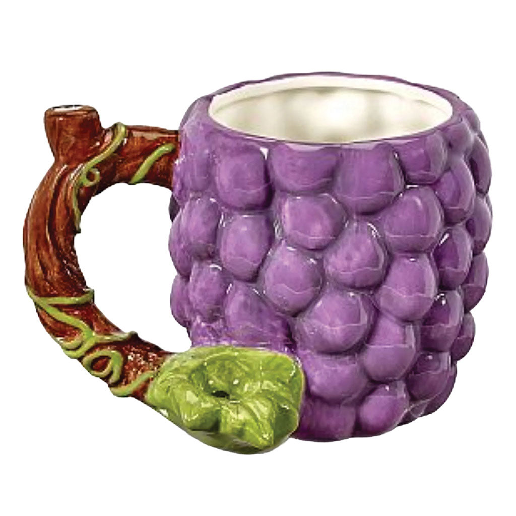 Grapes Premium Roast and Toast pipe mug with purple grape cluster design, green leaf detail, curved handle, and built-in front bowl