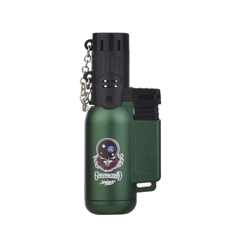 Grateful Dead Agni Metal Mini Torch Green – refillable butane torch lighter with skull design and chain top