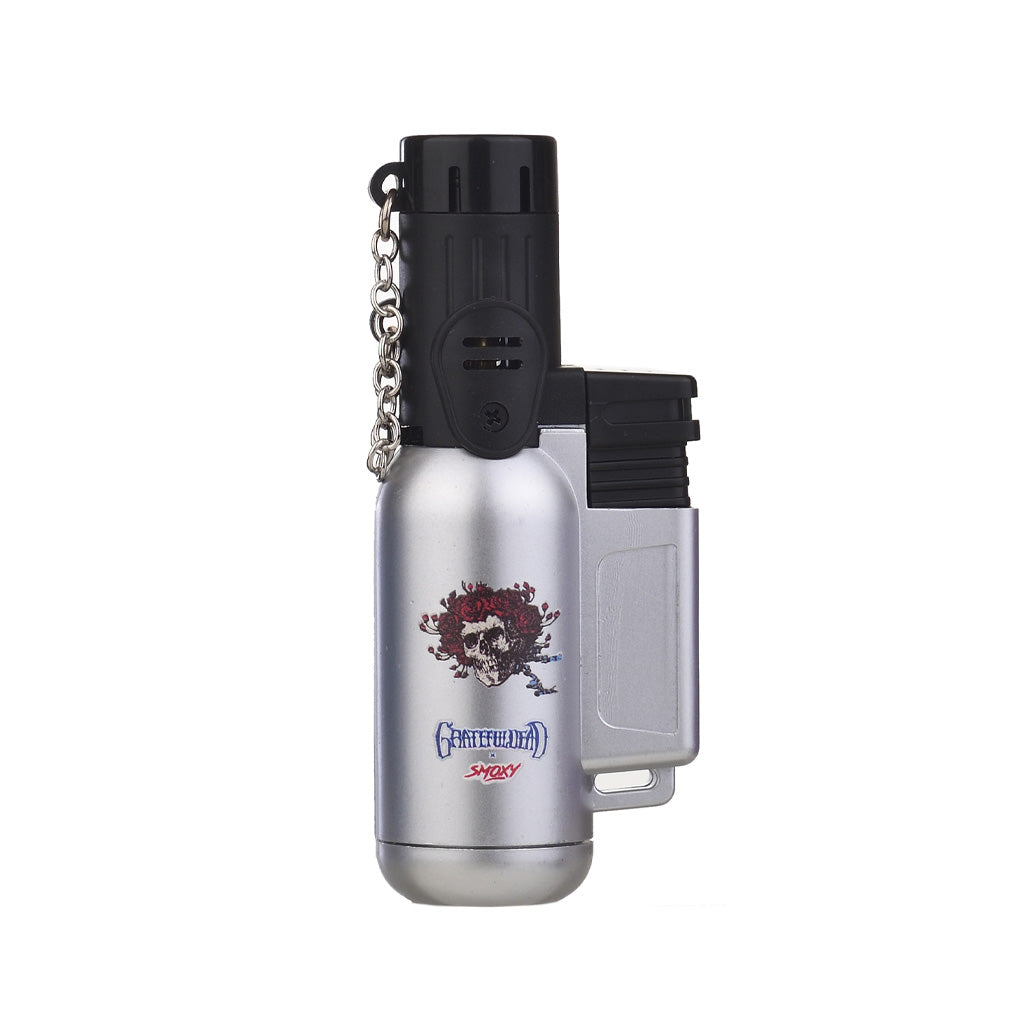 Grateful Dead Agni Metal Mini Torch Silver – metal refillable butane lighter with skull and roses artwork