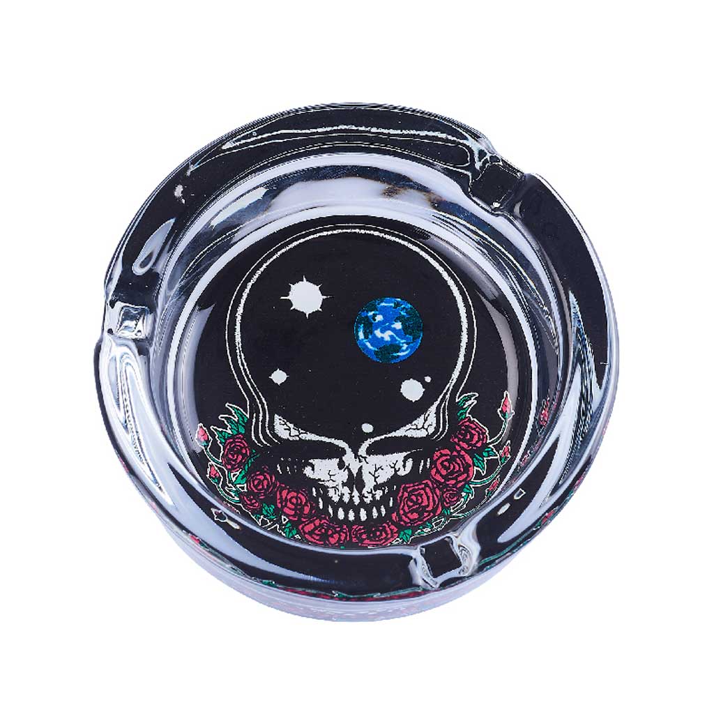 Grateful Dead Glass Ashtray Worldly Skull – collectible glass ashtray with galaxy skull and rose artwork