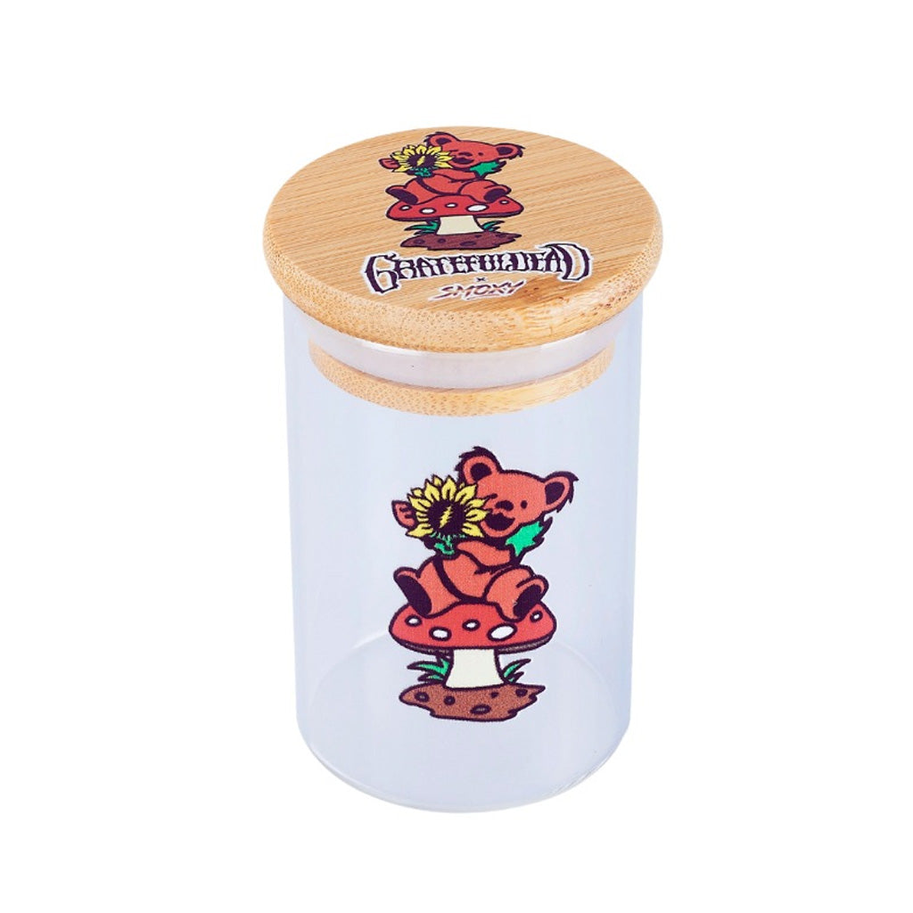 Mushroom Bear Grateful Dead Glass Jar – airtight stash container for herbs and storage by Smoky x Honeybee Herb