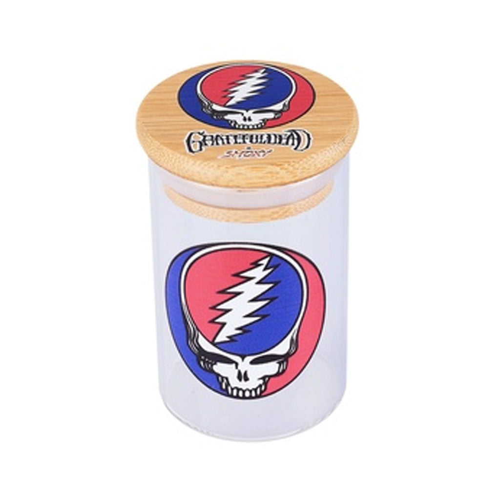 Red Blue Skull Grateful Dead Glass Stash Jar – airtight glass storage container for herbs and accessories