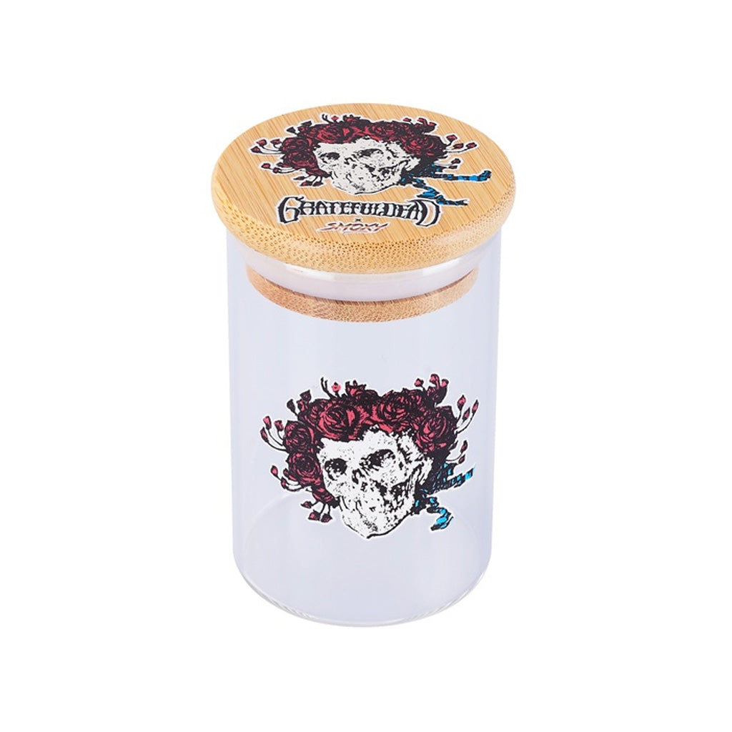 Grateful Dead Glass Jar with Red Rose Skull design – airtight and smell-proof stash container from Honeybee Herb