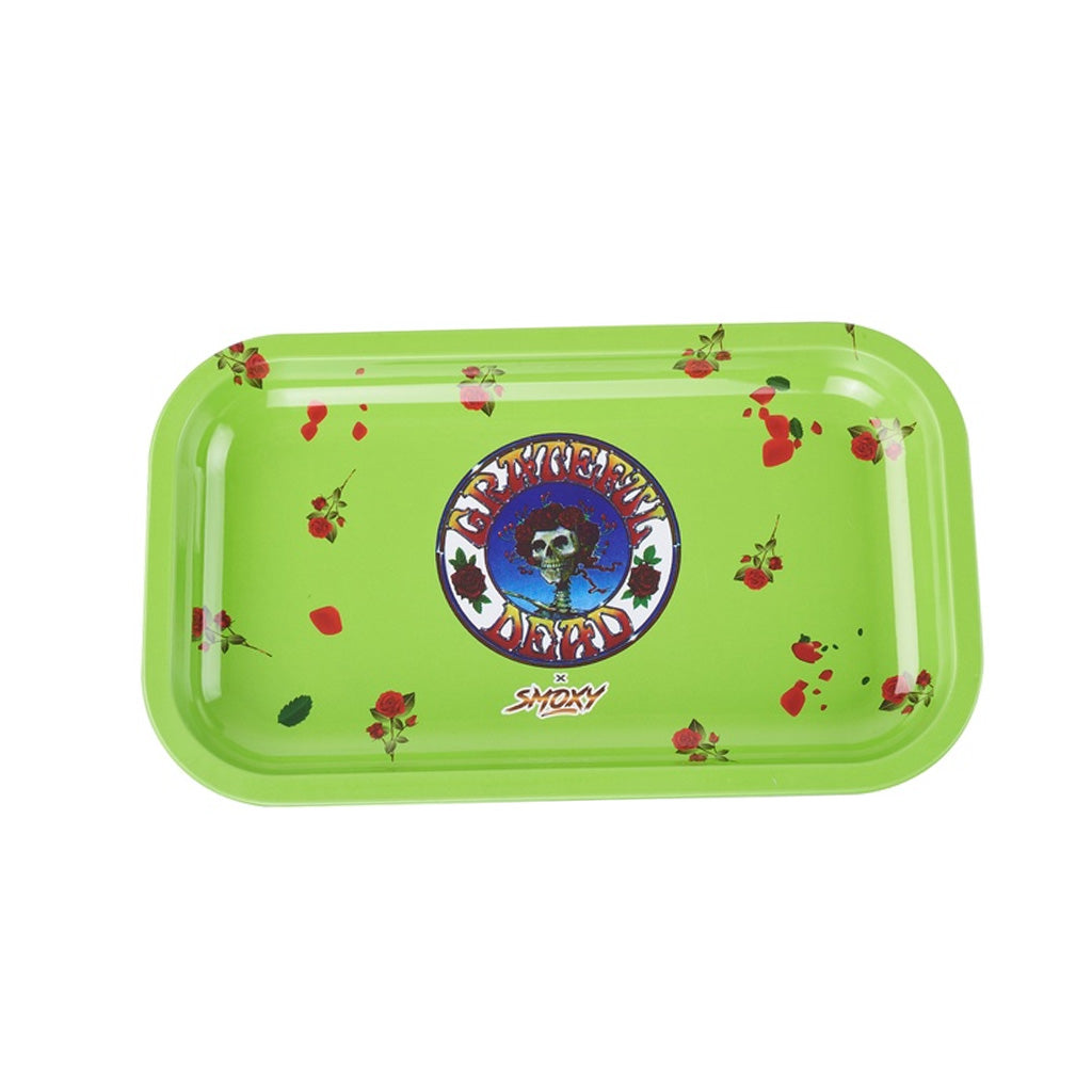 Grateful Dead Rolling Tray Green – metal rolling tray with rose design for smokers by Honeybee Herb
