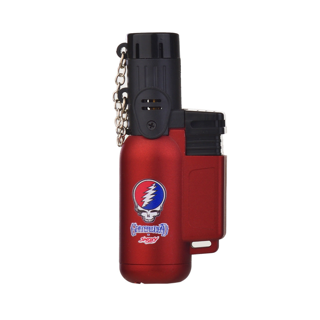 red grateful dead tron metal mini butane torch, windproof jet flame—order now at Honeybee Herb.
