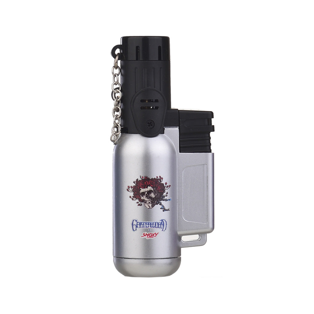 silver grateful dead tron metal mini torch, refillable butane jet flame—buy online at Honeybee Herb.