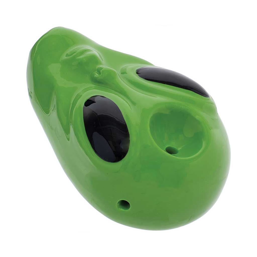 Shop green alien ceramic pipe, angled view showing carb hole—add to cart for fast shipping.