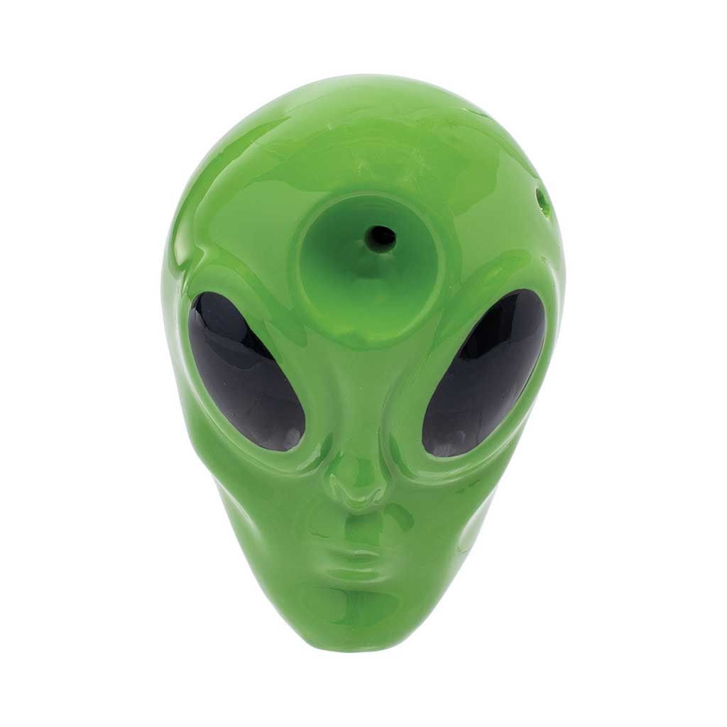 Buy green alien ceramic hand pipe, front view with top bowl and carb—order online at Honeybee Herb.

