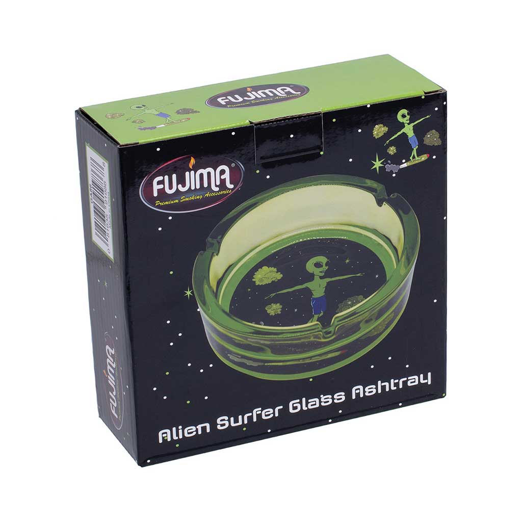 Green Alien Surfer Glass Ashtray packaging box, premium glass ashtray for smokers at Honeybee Herb