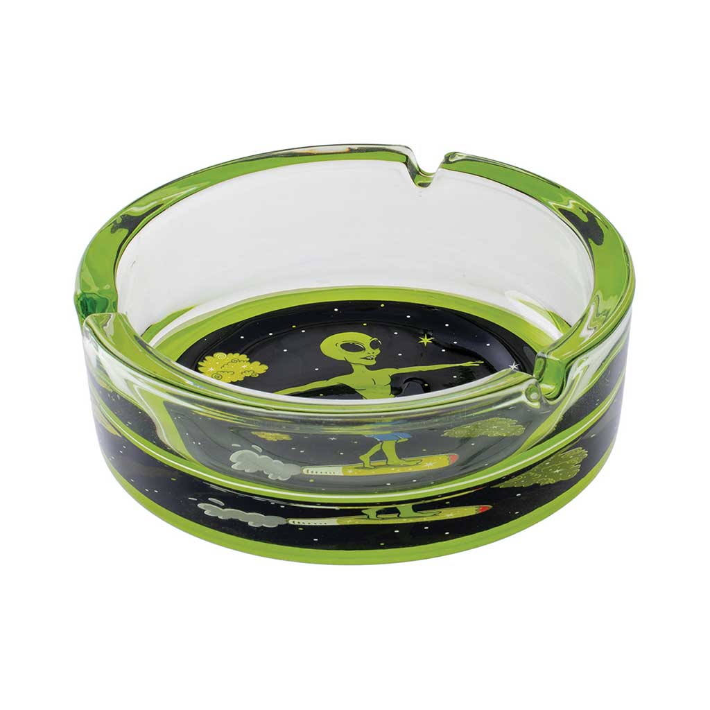 Green Alien Surfer Glass Ashtray side view, durable glass with cosmic surfer alien design, available at Honeybee Herb online