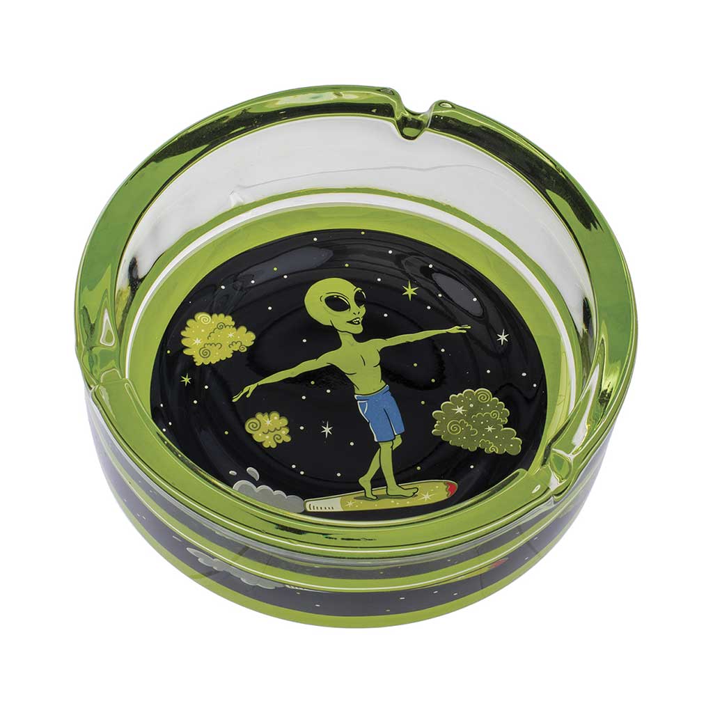 Green Alien Surfer Glass Ashtray top view, strong glass ashtray with alien artwork, smoking accessory for sale at Honeybee Herb