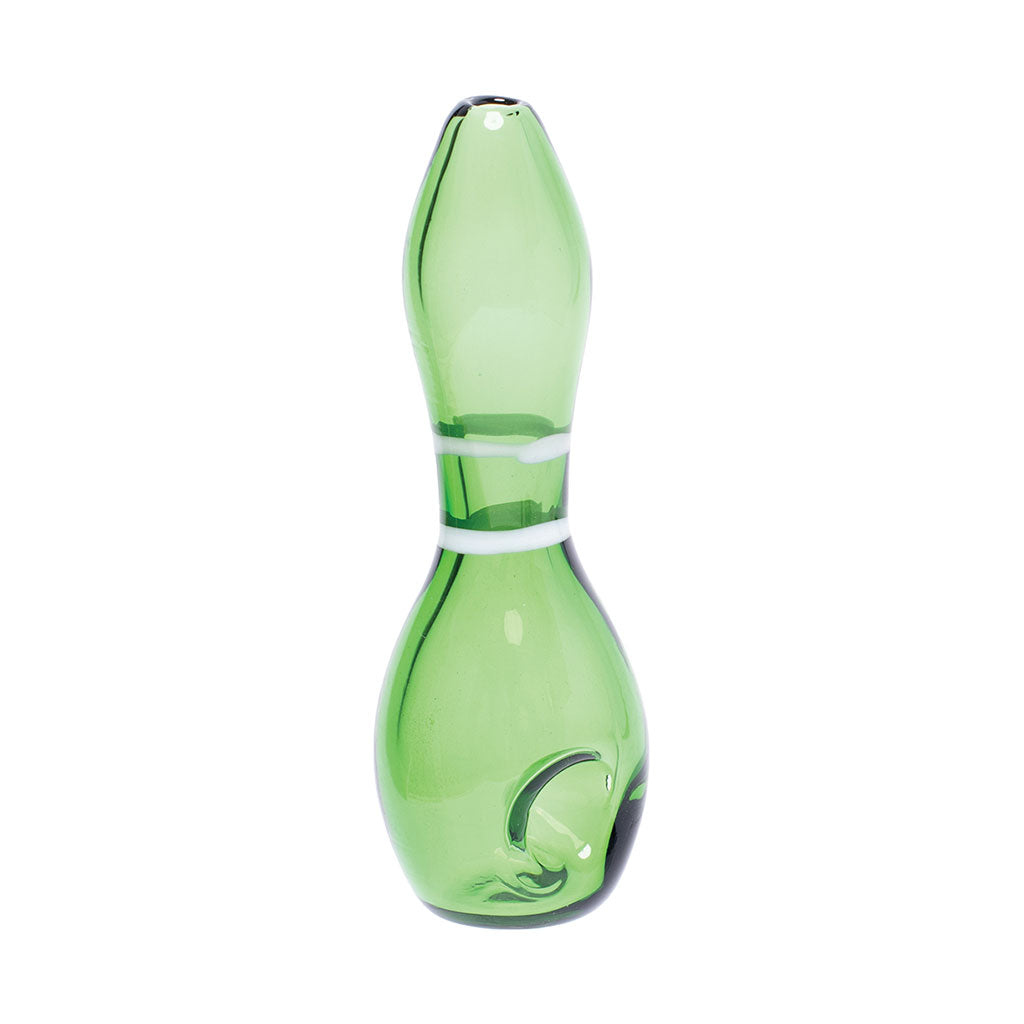 green bowling pin glass hand pipe with curved design and smooth finish, premium glass smoking pipe, available at honeybee herb