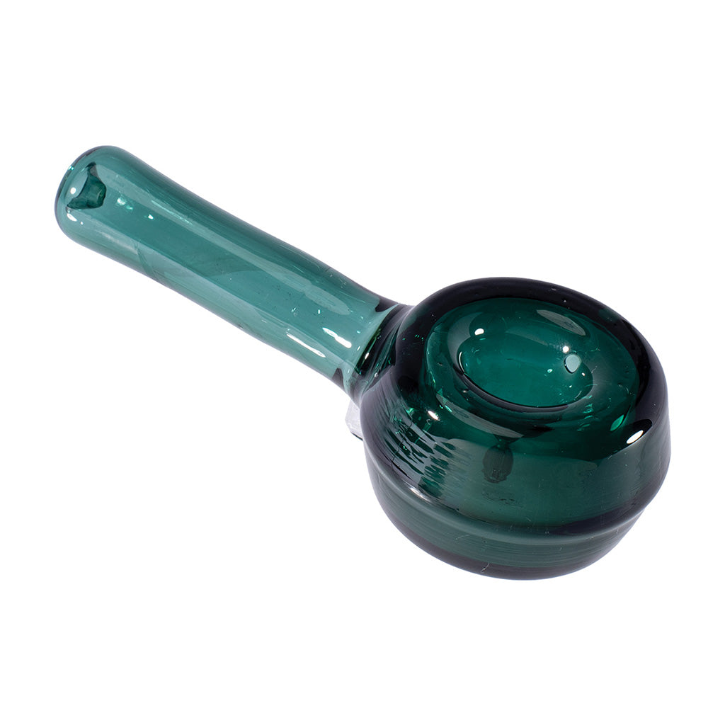 green cylinder spoon hand pipe made from borosilicate glass, compact design for smooth smoking, buy at honeybee herb