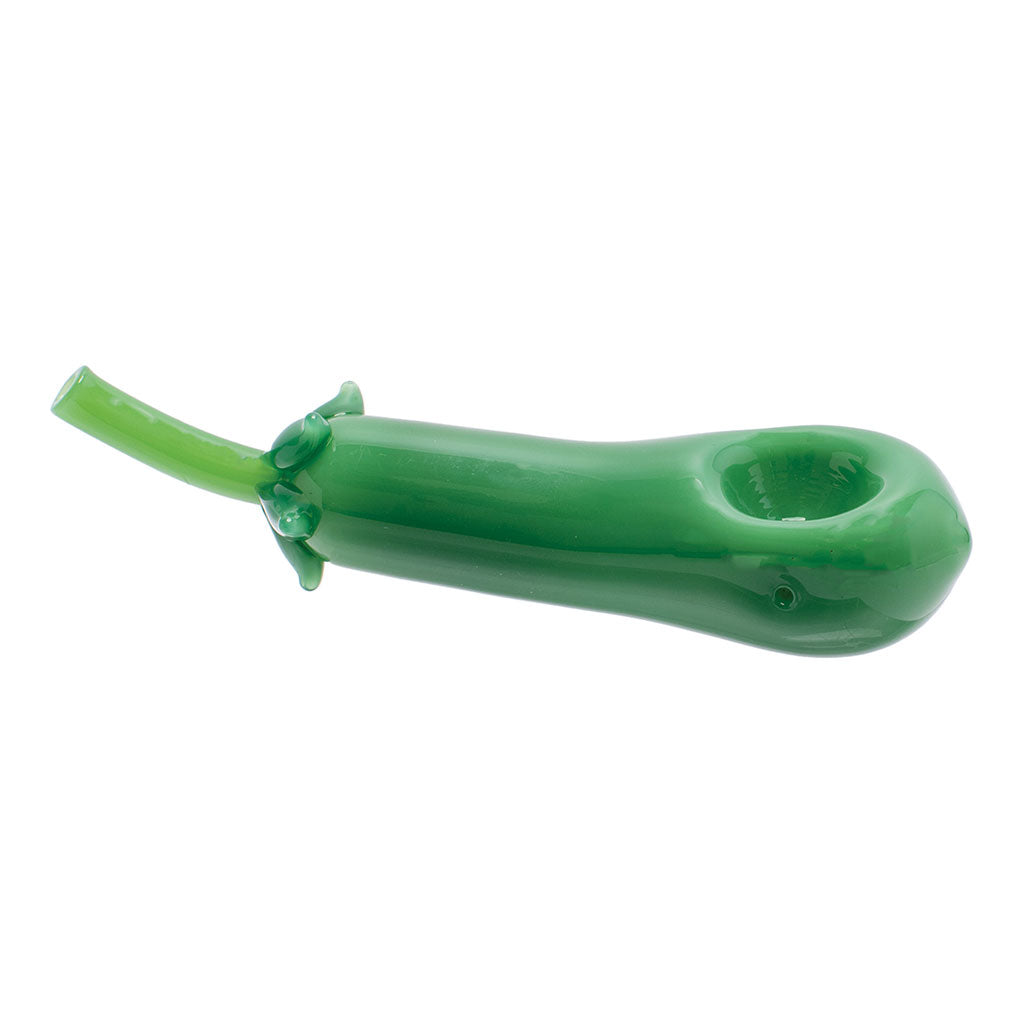 green eggplant glass hand pipe with curved stem and deep bowl, premium novelty pipe, shop at honeybee herb 