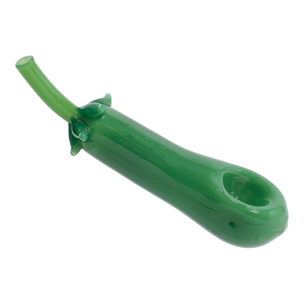 angled closeup of green eggplant spoon hand pipe, sturdy borosilicate glass and smooth airflow, buy from honeybee herb