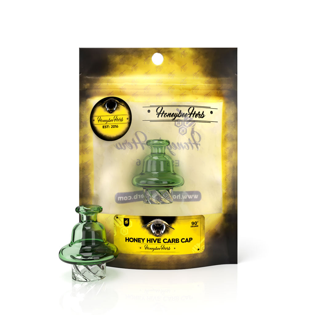 Honey Hive Auto Spin 30mm Outer & 16mm Spout Diameter Green Glass Carb Cap Packaging View