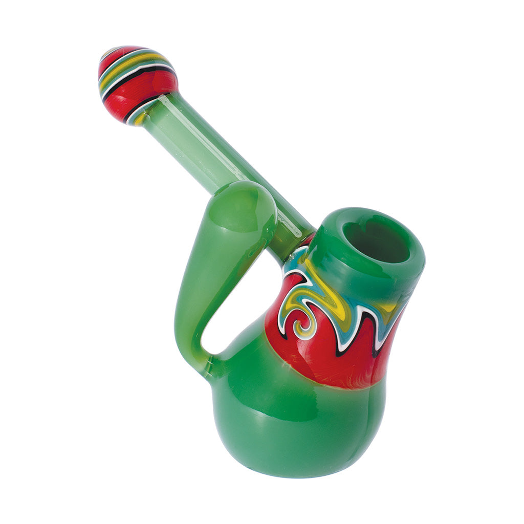 green glass bubbler pipe with multicolor wig wag detail, thick borosilicate glass, shop online at honeybee herb