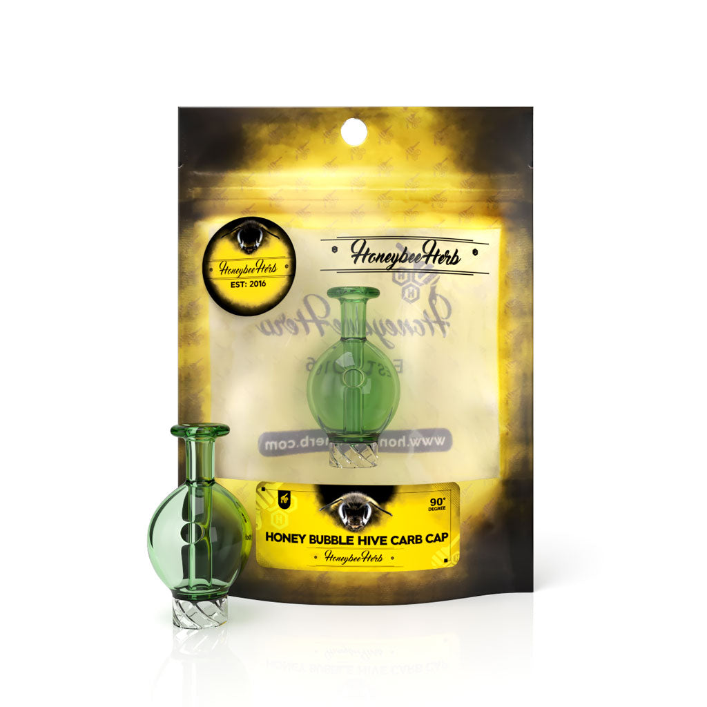 Honey Hive Bubble Auto Spin 30mm Outer & 16mm Spout Diameter Green Glass Carb Cap Packaging View