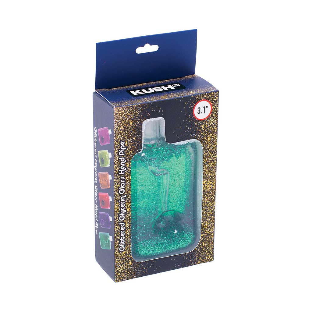 Retail-ready green glitter glycerin hand pipe in branded box packaging