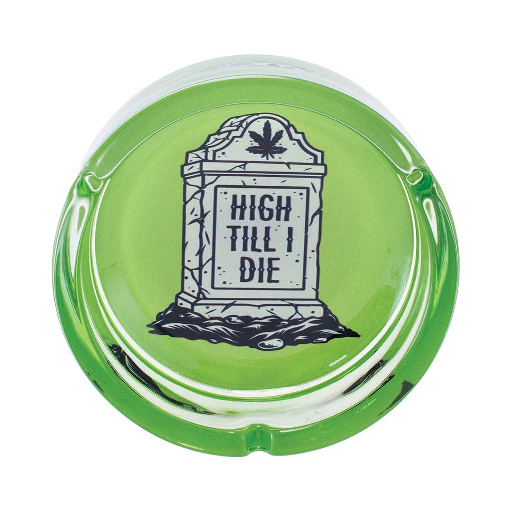 Green High Til I Die glass ashtray in retail box from Honeybee Herb