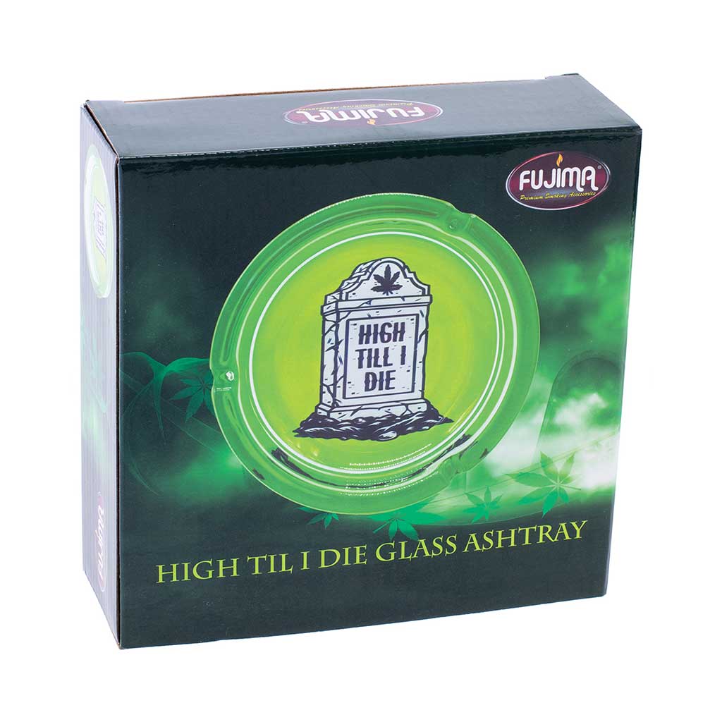 Green High Til I Die glass ashtray top view with tombstone design