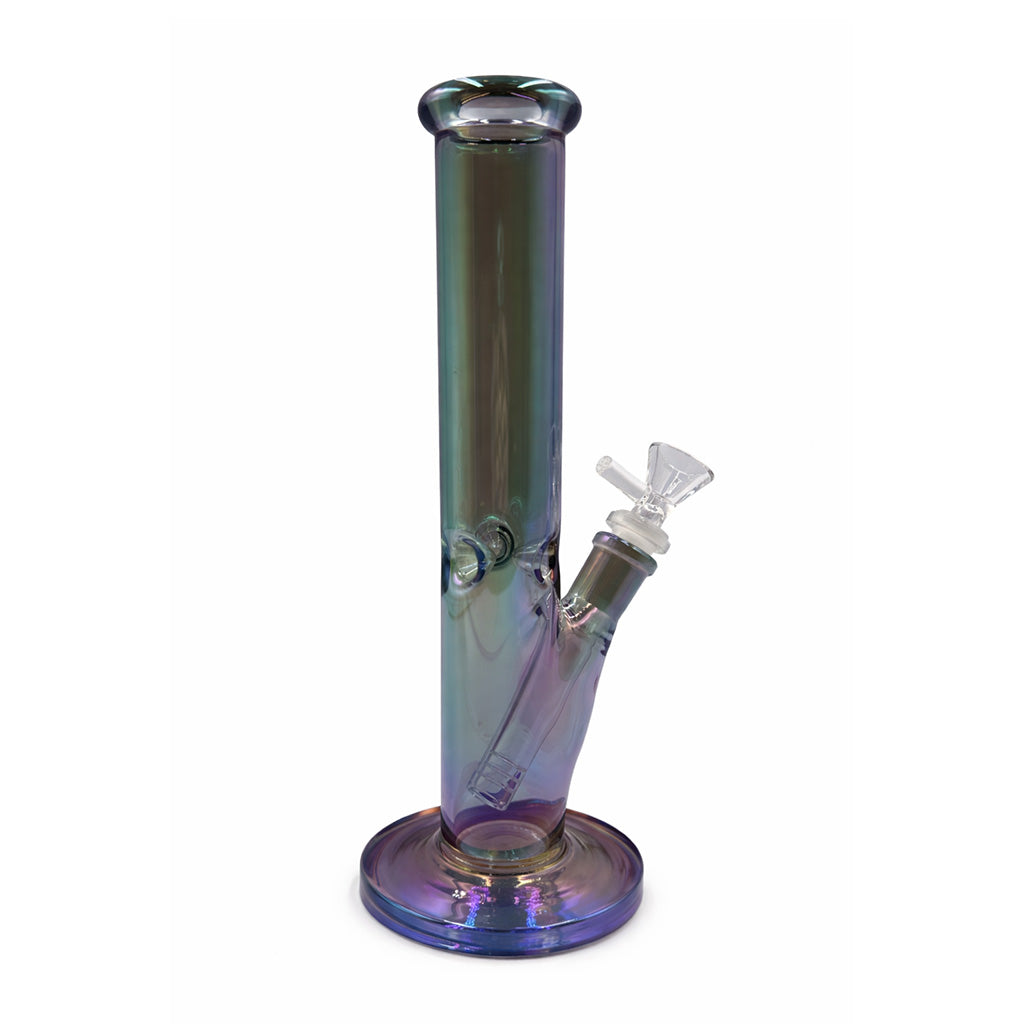 Green iridescent straight tube bong with a stable base and clear bowl, a clean looking glass water pipe for your setup.