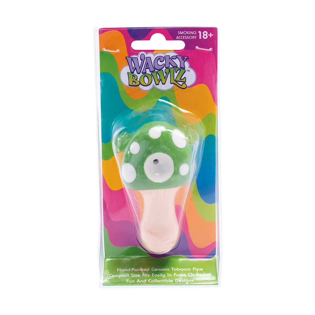 Front view of green mushroom-shaped ceramic pipe by Wacky Bowlz
