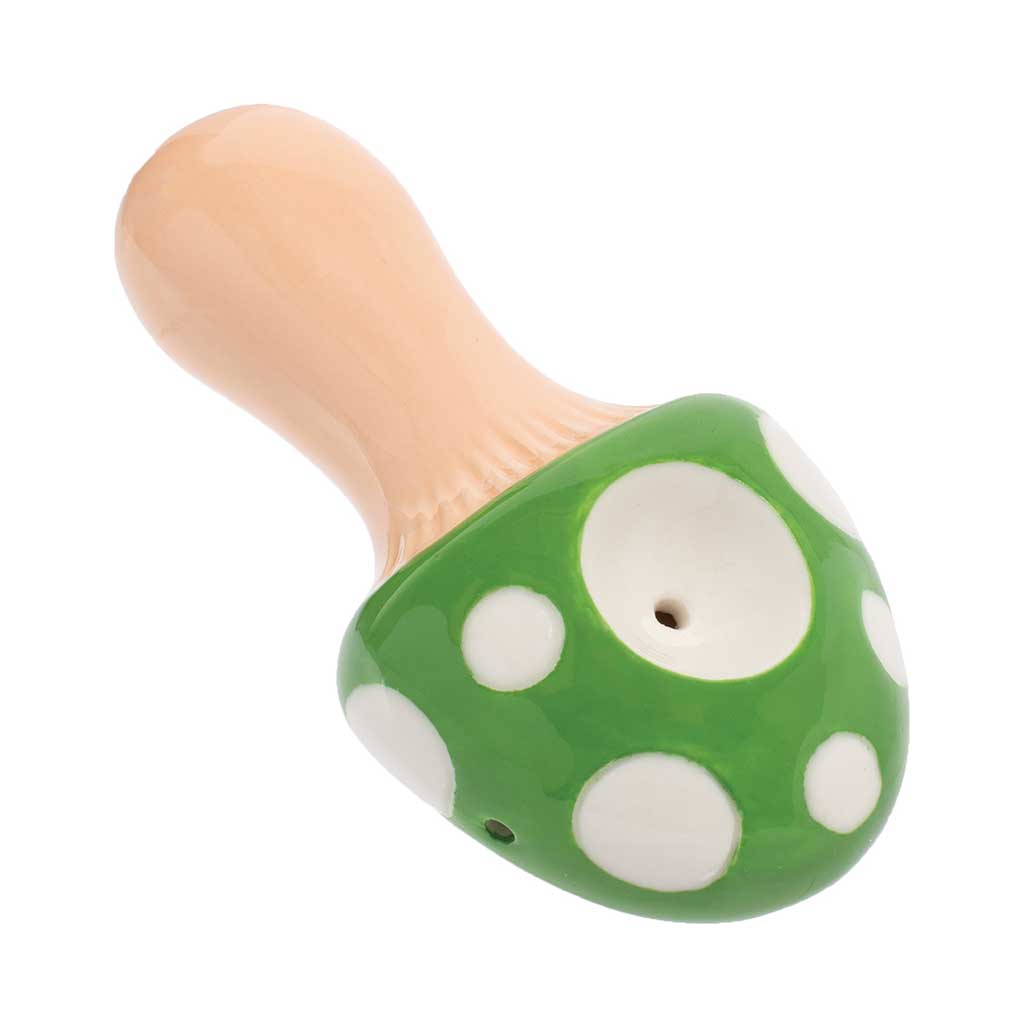 Side view of the Wacky Bowlz ceramic pipe with mushroom design