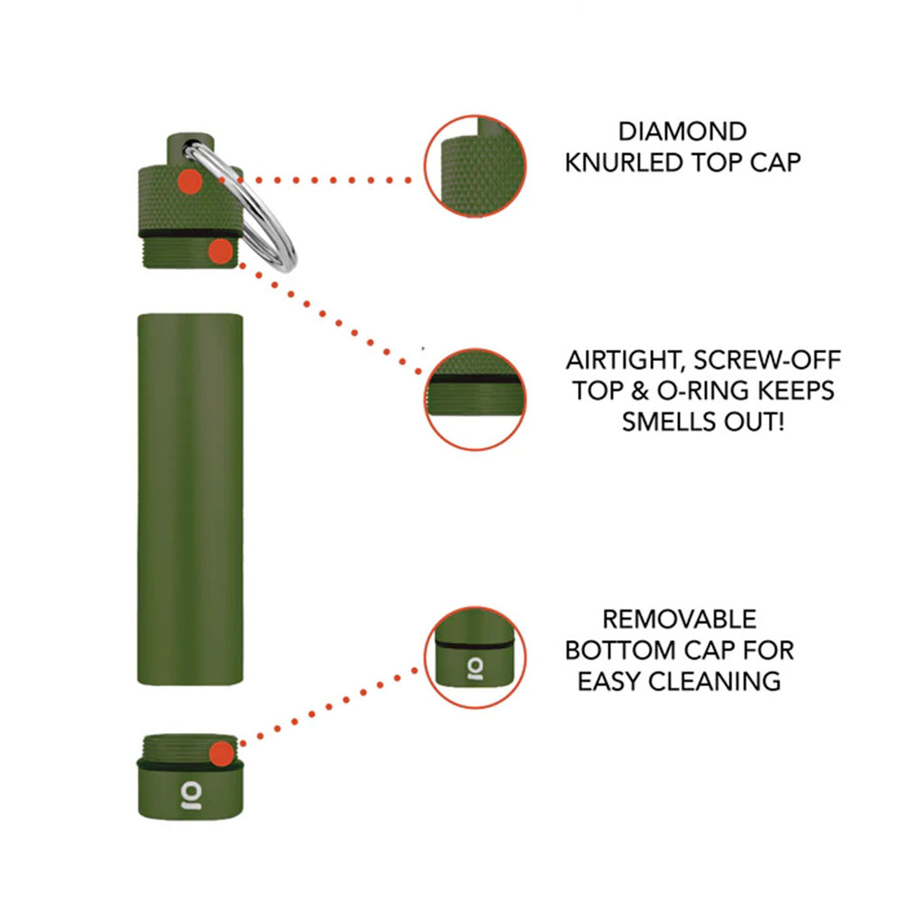 Durable green ONGROK keychain highlighting airtight and odor-proof design features 