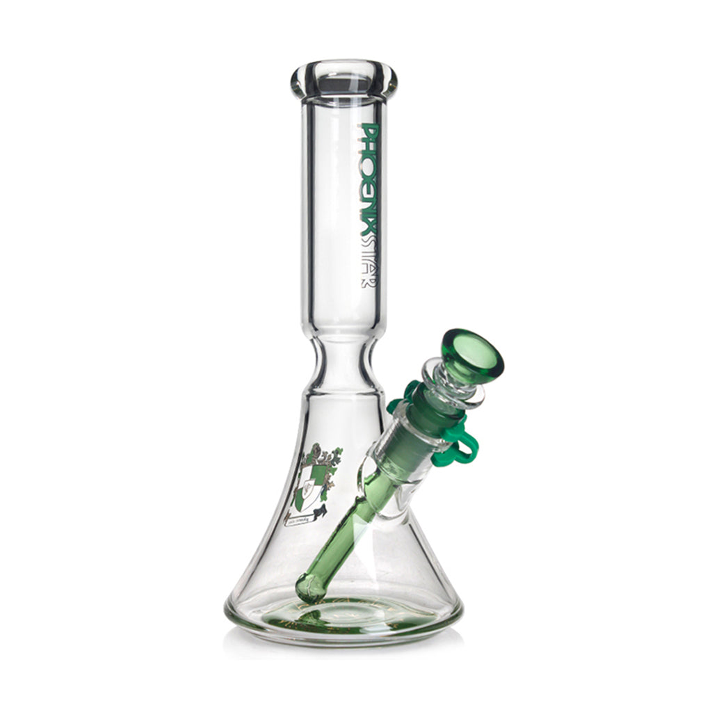 PHOENIX STAR 10-Inches Glass Beaker Bong with Green Flower Bowl Piece, Keck Clips & Downstem At Honeybee Herb