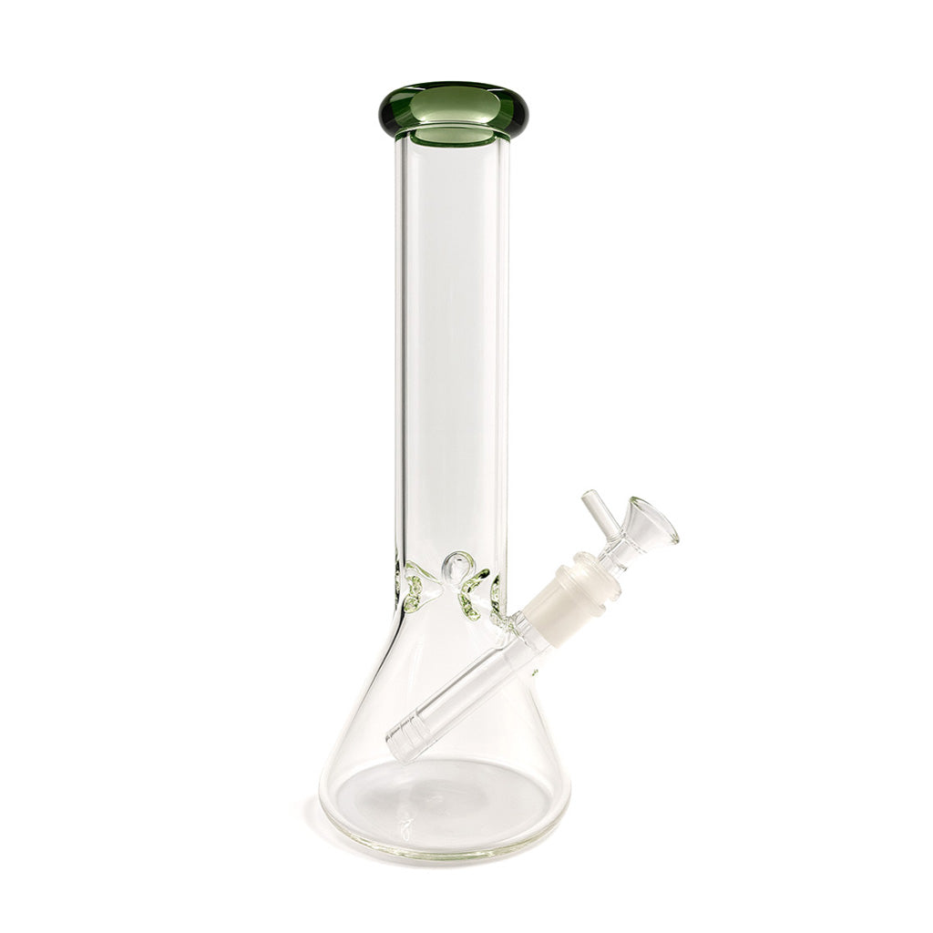 green top premium glass beaker bong with ice catcher and clear downstem, available now at Honeybee Herb