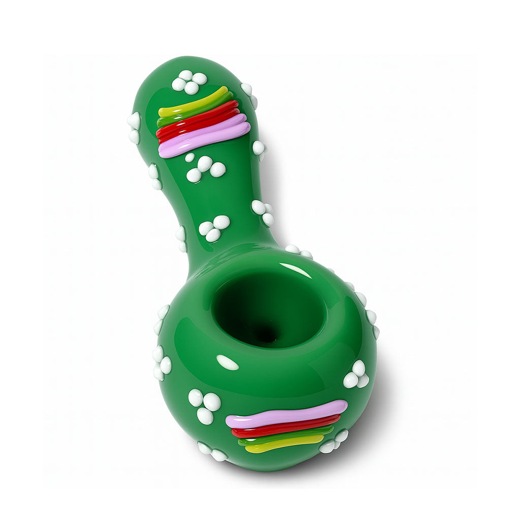 op view of green rainbow spoon hand pipe with raised rainbow detail, sturdy borosilicate glass, buy from honeybee herb