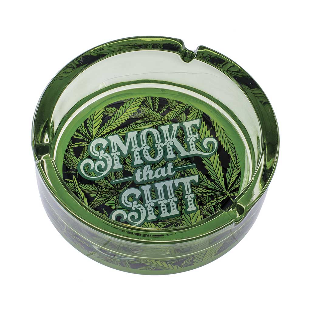 Green Smoke That Shit Glass Ashtray packaging, bold cannabis-themed glass ashtray box from Honeybee Herb
