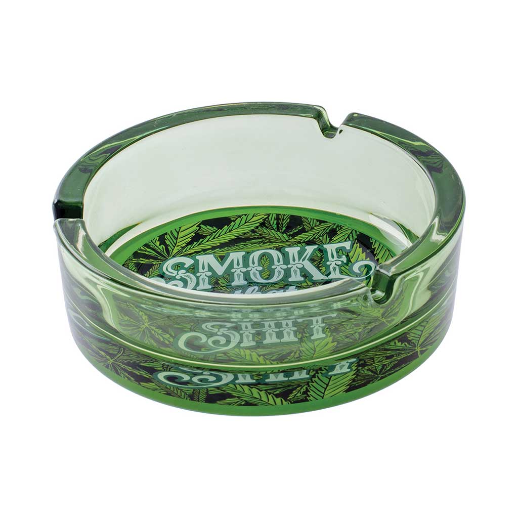Green Smoke That Shit Glass Ashtray side view, sturdy glass ashtray with cannabis leaf design for smokers, available online at Honeybee Herb